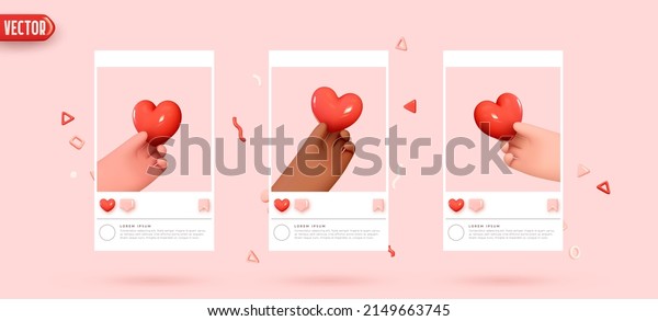 Cartoon hands give hearts. Hands holding red\
hearts realistic 3d design. Set of template social media frames\
with emoticons. Creative concept idea for posters template. vector\
illustration