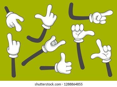 Cartoon hands. Gloved hands. Gloves arm point different finger gestures or palm gesture language comic doodle symbols. Vector gesturing isolated illustration icons set