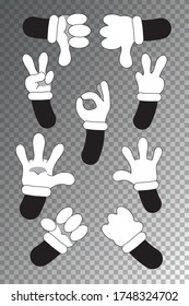 Cartoon hands. Gloved hand pointing ok, gestures parts body comic feet in shoes different poses.