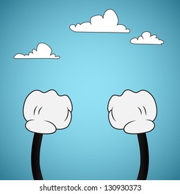 Cartoon hands in gloves and blue sky with white clouds in the background. Eps 10 vector