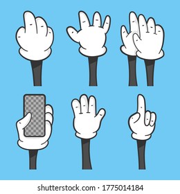 Manos de dibujos animados en guantes con diferentes gestos vectores aislados en el fondo.