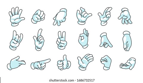 Cartoon hands in gloves. Doodle comic mascot arms, human character palms and fingers in white gloves showing gestures. Vector illustration doodle cartoons motion hands collection