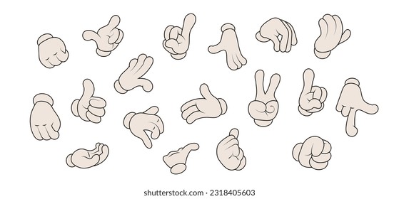 Cartoon hands in gloves. Funny retro mascot hand gestures and comic vintage arm character in expression poses. Palm and finger action. Vector set