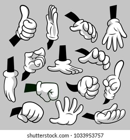 Cartoon hands with gloves icon set isolated. Vector clipart - parts of body, arms in white gloves. Hand gesture collection. Design templates for graphics