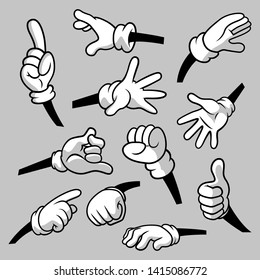 Cartoon hands with gloves icon set isolated. Vector clipart - parts of body, arms in white gloves. Hand gesture collection. Design templates for graphics