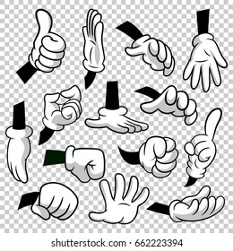 Cartoon hands with gloves icon set isolated on transparent background. Vector clipart - parts of body, arms in white gloves. Hand gesture collection. Design templates in EPS8.