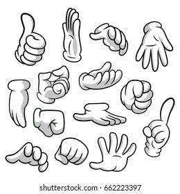 Cartoon hands with gloves icon set isolated on white background. Vector clipart - parts of body, arms in white gloves. Hand gesture collection. Design templates in EPS8.