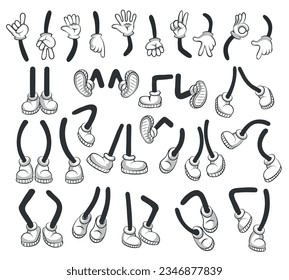 Cartoon hands in gloves and legs in shoes set. Hand drawn style arms legs set retro comics styles active motion characters gestures black white isolated vector illustration