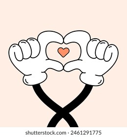 Cartoon hands in gloves making a heart. Symbol of love from two hands.Vector illustration