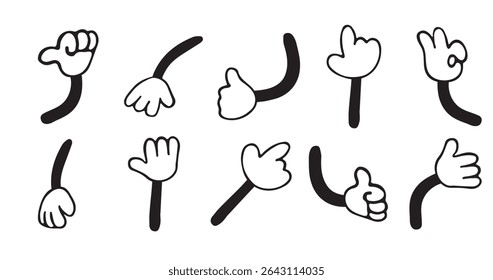 Mãos de desenhos animados em luvas. Conjunto de mãos de desenho animado com diferentes gestos e direções. Mãos isoladas sobre fundo branco. Ponteiros. Ilustração vetorial