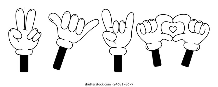 Cartoon hands in gloves show different gestures Vector set.Retro character hands gesturing peace signs, shaka sign, heart, rock n roll.Cheerful character palms of different shapes,icons,sticker,print