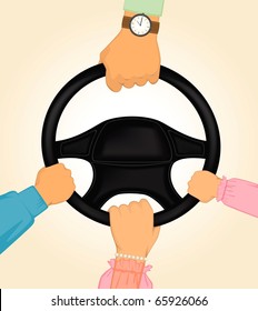cartoon hands of happy family hold the helm of automobile
