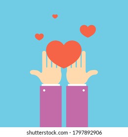 Cartoon Hands with Heart Volunteering Donation and Solidarity Concept Banner Card Flat Design Style. Vector illustration