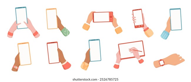 Cartoon hands hold digital devices like smartphone, tablet, and watch. Isolated phone design set with blank screen. Concept of online communication and app use, suitable for digital interfaces