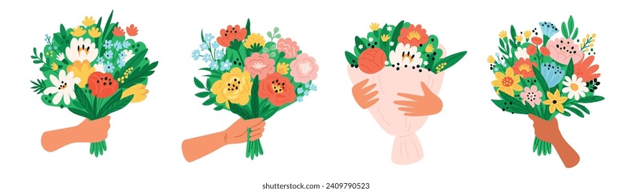 Cartoon hands hold flowers. Beautiful bouquets. Spring holiday botanical present. Floral compositions. Blooming romantic gifts. Blossoms bunch in arms. Natural plants