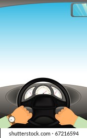 Cartoon hands hold the helm of automobile