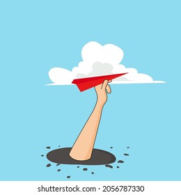 Cartoon hands hold red paper plane flying in sky. fight concept