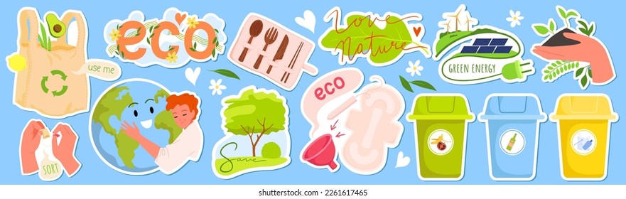 Cartoon hands hold soil with green sprouts and sort garbage for reuse, woman hugging globe, recycle bag and hygiene products, cutlery on pink background. Eco stickers, messages set vector