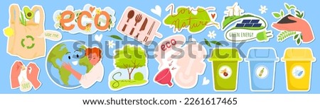 Cartoon hands hold soil with green sprouts and sort garbage for reuse, woman hugging globe, recycle bag and hygiene products, cutlery on pink background. Eco stickers, messages set vector Foto stock © 