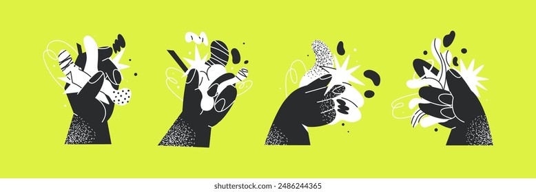Cartoon hands holding abstract Doodle elements and bright stickers. Сharacters are holding various shapes and stars. trendy vector illustration in 90s retro style

