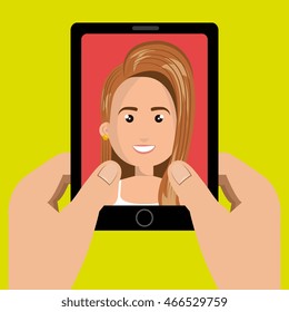 cartoon hands holding black smartphone over a green background with a business woman in the screen over a red background vector illustration