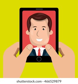 cartoon hands holding a black smartphone over a green background with a cartoon business man in the screen over a red background vector illustration