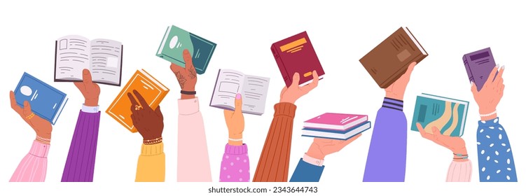 Cartoon hands holding books. Reading, studying and literature loving people, paper books in human hands flat vector illustration set. Sharing and borrowing books concept