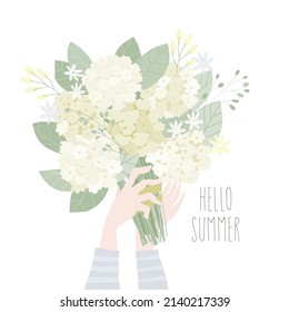Cartoon Hands holding Bouquet of White Hydrangea