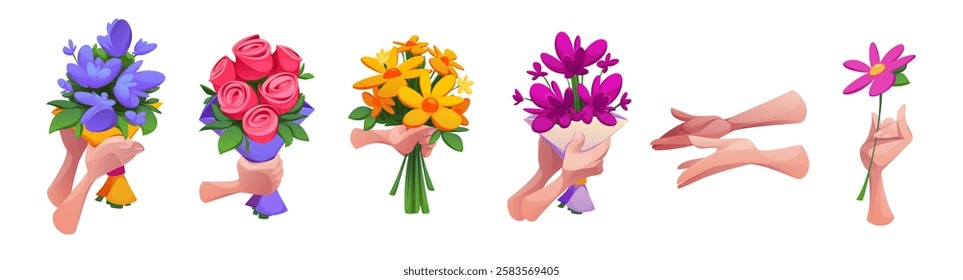 Cartoon hands holding different floral bouquets and stems - blossoms bunches and single flower. Colorful blooming arrangements set for gift design elements. Human wrists give and accept cute posy.