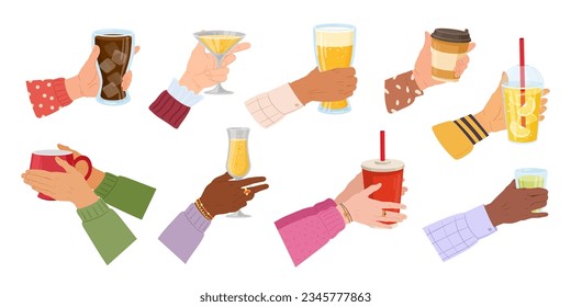 Cartoon hands holding drinks. Human hand with coffee mug, tea cup, water or wine glass, cold and warm beverages in female hands flat vector illustration set. Various beverages collection
