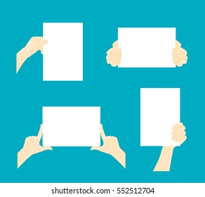 Cartoon Hands Holding Empty Paper Set Flat Design Style Place for Your Text. Vector illustration