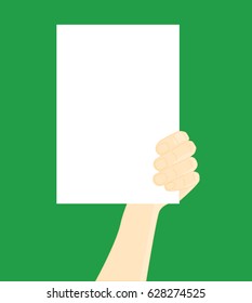 Cartoon Hands Holding Empty Paper on a Green Background Flat Design Style Place for Your Text. Vector illustration