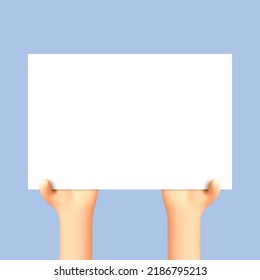 Cartoon hands holding empty sign board. White empty sheet of paper in hands. Promotion or sale concept. Vector 3d illustration