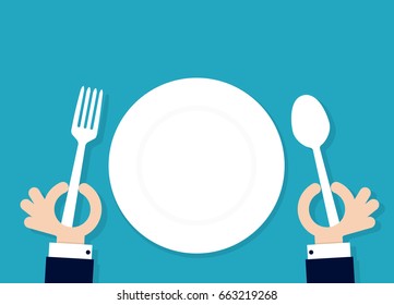 cartoon hands holding fork and spoon with empty plate. Vector illustration