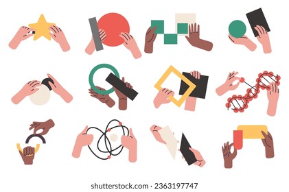 Cartoon hands holding geometric shapes. Human arms collect puzzles and scientific symbols. Different abstract figures. Logical jigsaw games. Study DNA helix. Vector