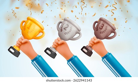 Cartoon Hands Holding Gold, Silver, and Bronze Trophies with Confetti Celebration, Symbolizing Victory, Competition, and Success. Vector Illustration.