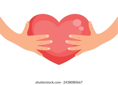 Cartoon hands holding heart. Symbolizing love, care and charity. Vector illustration