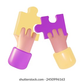 Cartoon hands holding matching puzzle pieces. 3D icon isolated. Problem solving, teamwork, exchange of experience and connection concept.