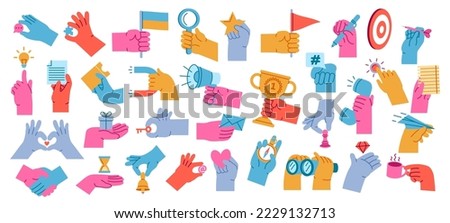 Cartoon hands holding objects. Colorful arms with flag, binocular and magnet. Hand gestures with megaphone, ticket and Idea light bulb vector set. Hands with different staff as trophy, hourglass