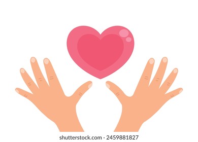 Cartoon hands holding pink heart. Symbolizing love, care and charity. Vector illustration