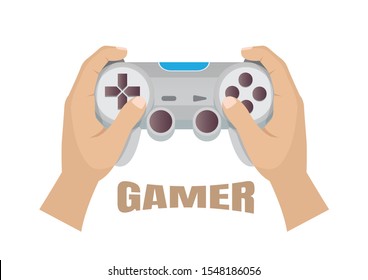 Cartoon, Hands holding plastic game joystick from modern computer games. Gamepad for game console.,vector eps10
