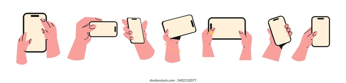 Cartoon hands holding smartphone mobile phone. People use applications, scroll through the feed, social networks, chats. Fingers press on the sensory sensor. Vector set