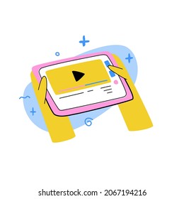 Cartoon hands are holding a tablet. Video viewer icon on the tablet screen. Modern style. Vector