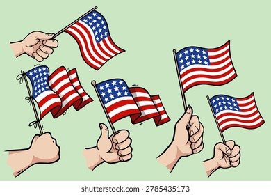 Cartoon Hands Holding USA Flags. Vibrant cartoon illustration of multiple hands holding and waving American flags, ideal for patriotic celebrations, Independence Day, and U.S. national holiday designs.
