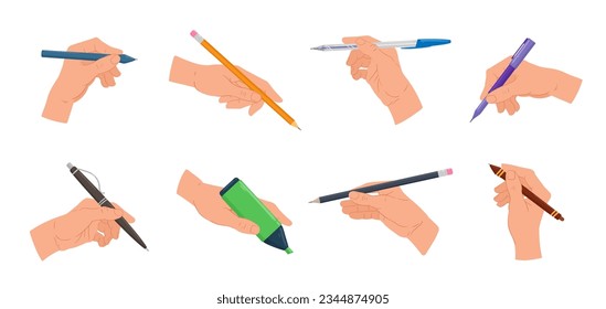 Cartoon hands holding writing tools. Pencil, pen, highlight marker and digital stylus in human hands flat vector illustration set. Hands hold office stationery tools