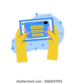 Cartoon hands holds a telephone.
Icon of a gesture of holding a smartphone with a mobile game. Modern color style. Vector.