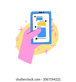 Cartoon hands holds a telephone.
Icon of a gesture of holding a smartphone with a chat. Modern style. Vector.