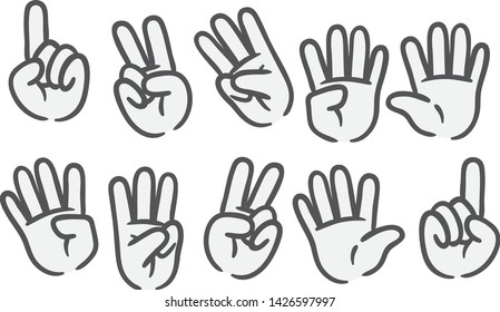 Cartoon hands illustration for kids. Learn how to count with your hands. Back to school or preschool. Funny doodle, changeable global colors. Vector isolated illustration symbols set.