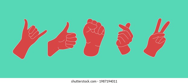 Cartoon hands. Illustration of hands showing different gestures. Flat vector illustration.