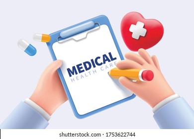 Cartoon hands with lab coat writing information on clipboard, concept of doctor keeping medical record, 3D illustration